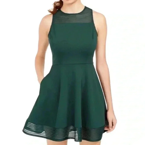Speechless Women's Stripe Scuba Crepe Fit & Flare Dress Green - Picture 1 of 5